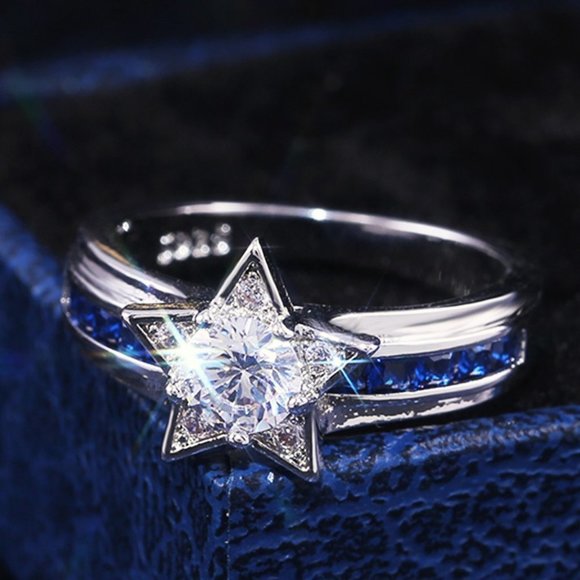 💕Elegant Blue Crystal Ring Lovely CZ Star Bague Ring, GPMB1500 - Picture 2 of 6